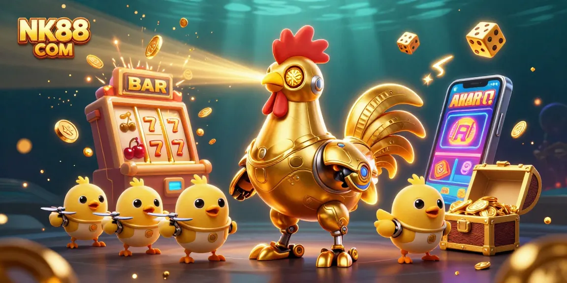Experience thrilling jackpots and vibrant gameplay at NK88 COM with a stunning 3D casino illustration.