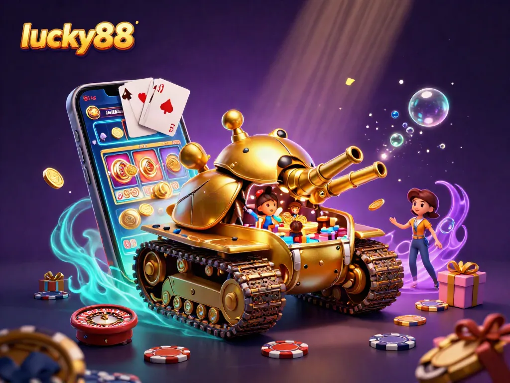 Engage with lucky88 through vibrant 3D casino illustration featuring a golden beetle tank hosting a mini casino.