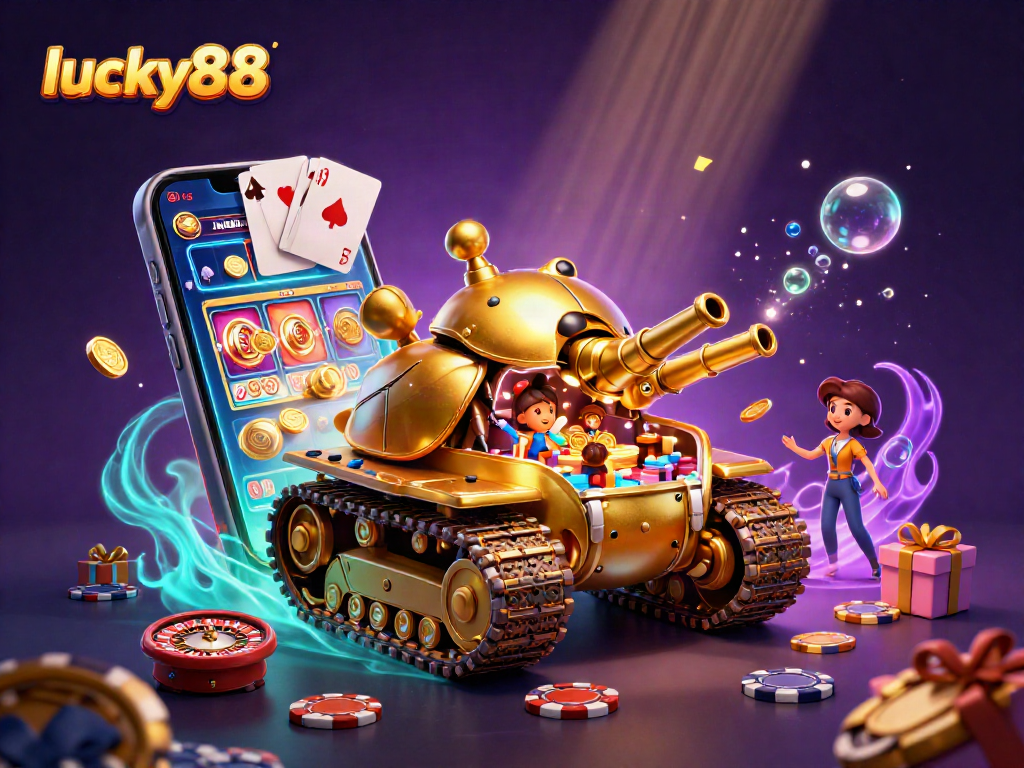 Engage with lucky88 through vibrant 3D casino illustration featuring a golden beetle tank hosting a mini casino.