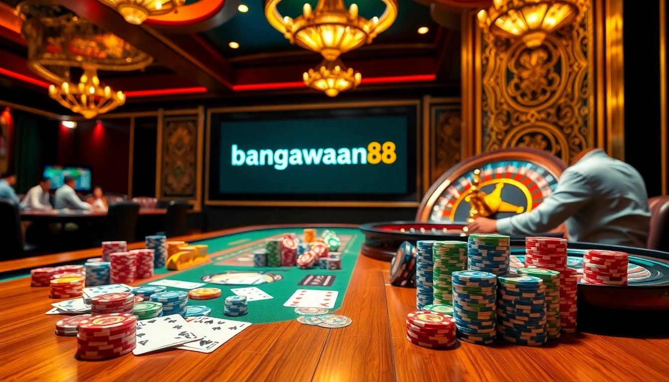 Experience the excitement of gambling with bangsawan88 at a luxurious casino table filled with vibrant chips and cards.