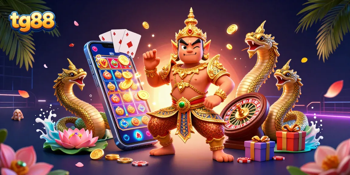 Play exciting slot games at tg88, featuring vibrant golden Naga serpents and divine guardians.