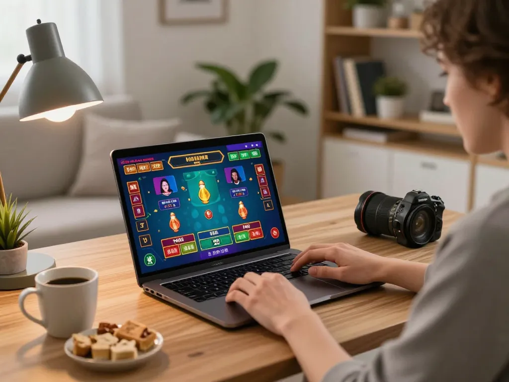 Bj88 player engaging in live dealer casino game from home setup, showcasing strategic online gaming.