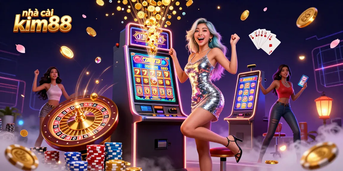 Experience the thrill at nhà cái kim88 with a jackpot-winning Asian beauty in a vibrant casino setting.