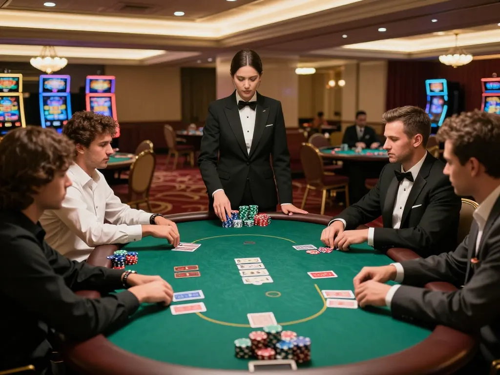 Luck8 players engaged in an exciting poker game surrounded by an upscale casino atmosphere with warm lighting.