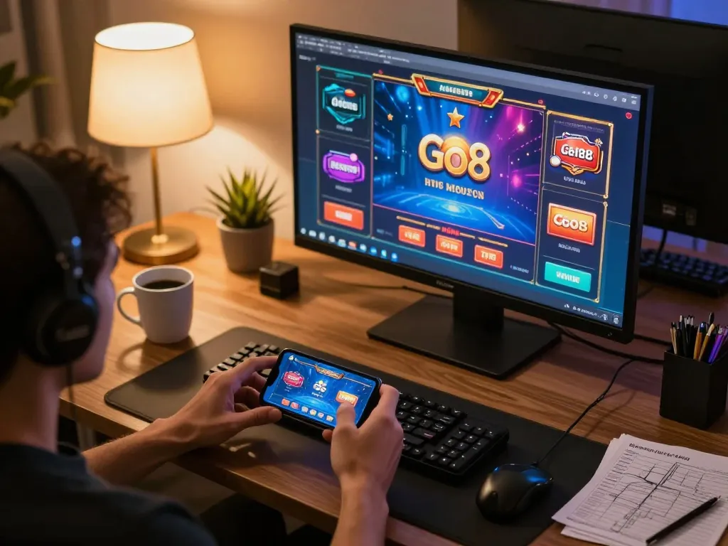 Engaging with Go8 app on smartphone during online gambling, showcasing user-focused gaming.