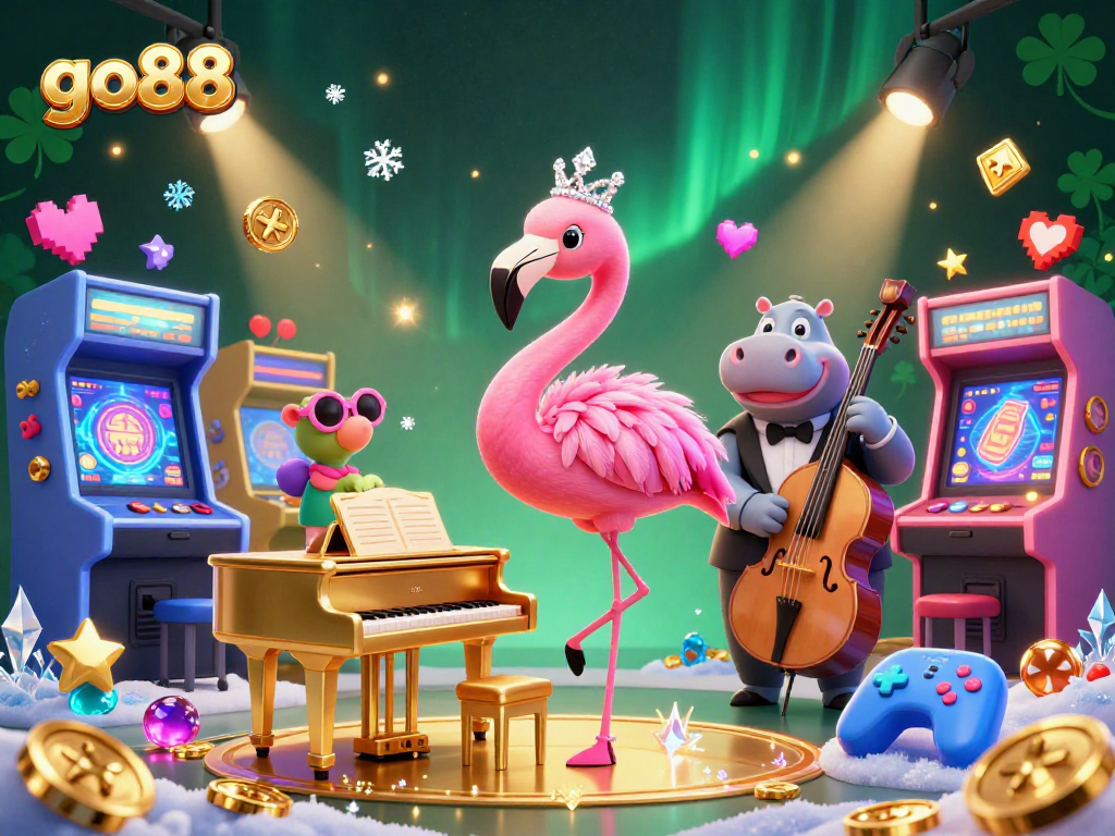 Experience the vibrant gaming atmosphere of go88 with a flamingo singer and hippo bassist amidst lively casino elements.