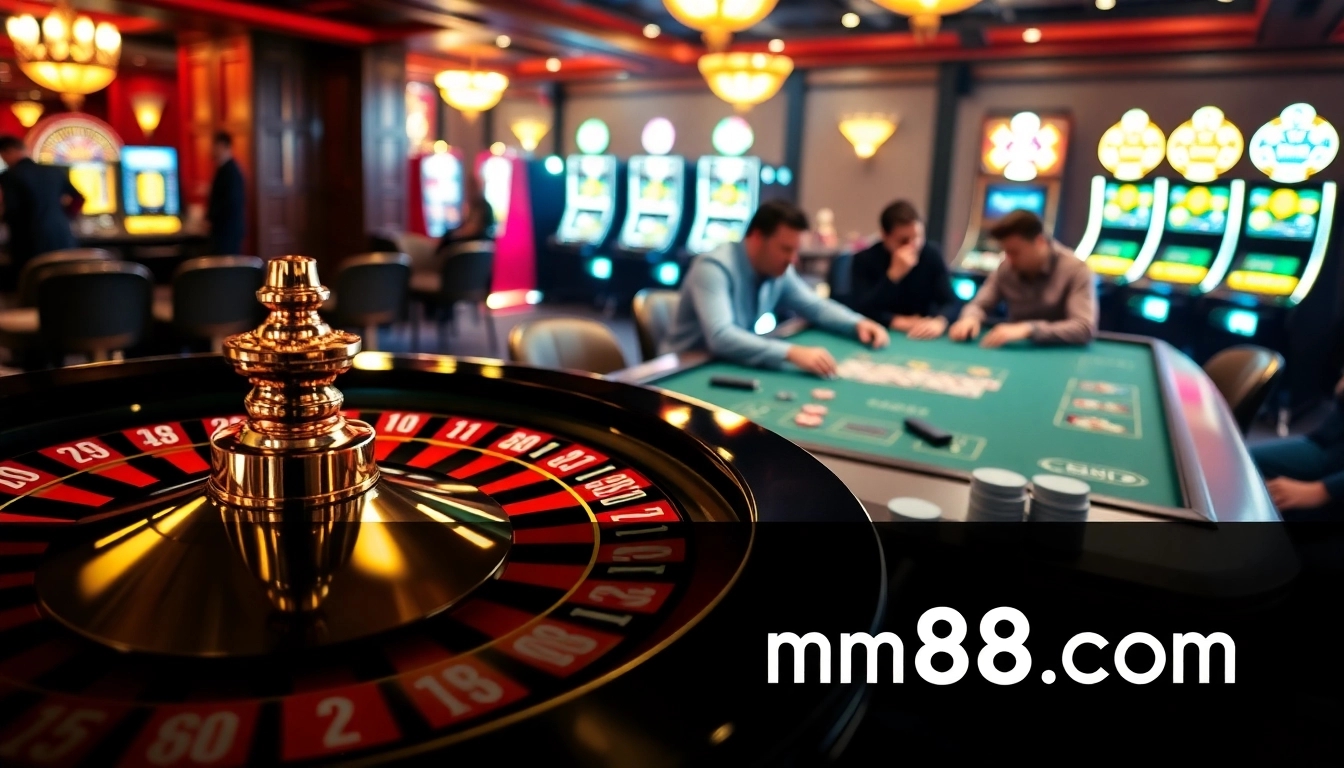 Players enjoying table games and slot machines at mm88 com casino venue, showcasing excitement and high stakes atmosphere.