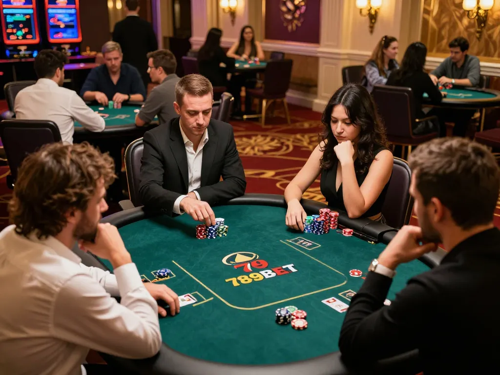 Players strategizing at a poker table in a high-stakes game at 789BET casino.