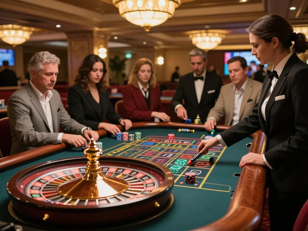 Experience the thrill with sv66 at the roulette table, vibrant atmosphere with players engaged in betting.