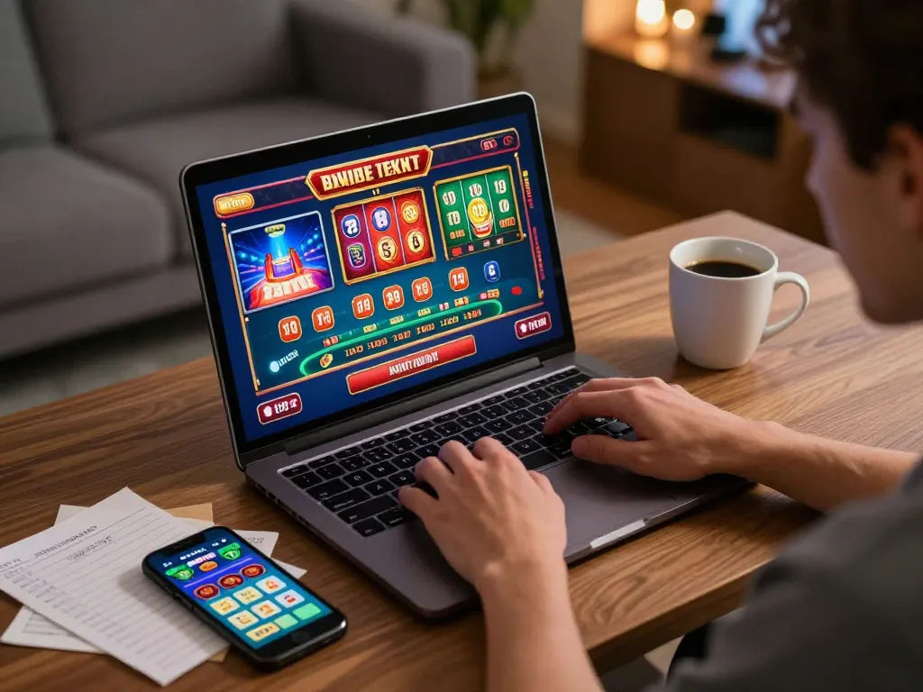 Engaging with Sonclub online casino games from home, featuring a player strategizing with laptop and notes.