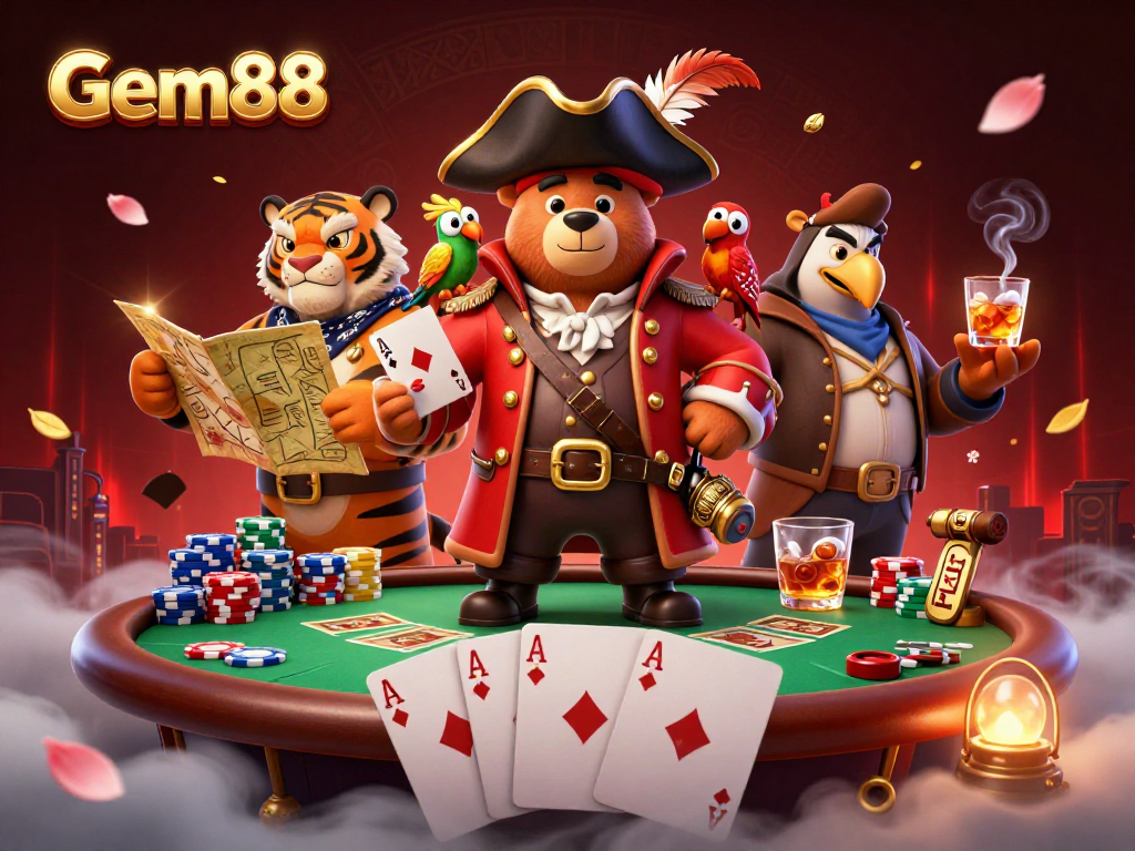 Engage with Gem88's vibrant casino atmosphere featuring a pirate bear and friends playing cards.