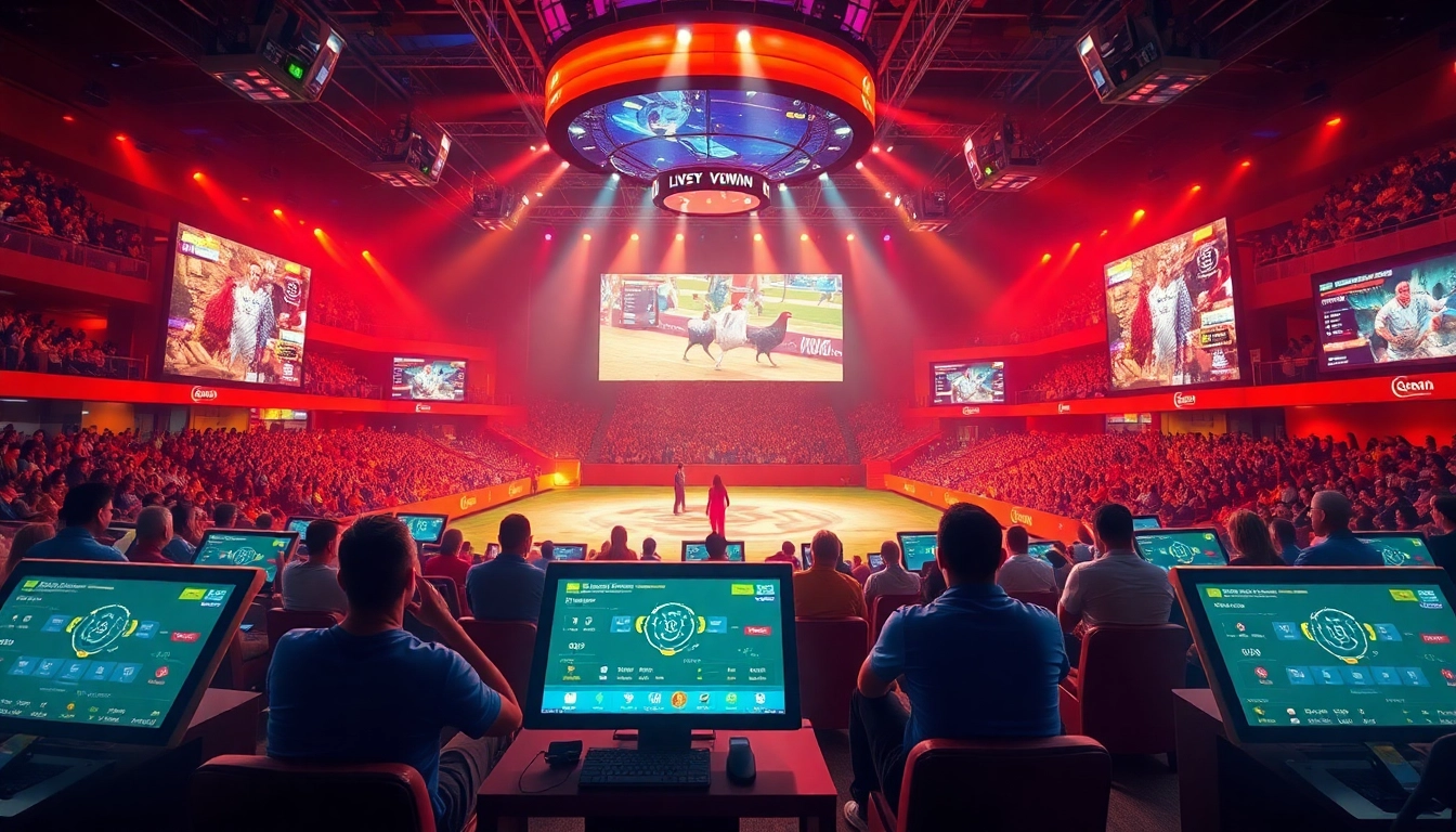 Experience the excitement of live betting at dagawin.live with a vibrant chicken fighting arena, showcasing dynamic digital interfaces.