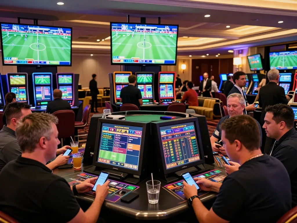 Sin88s sports betting area with live screens and enthusiastic players engaging in strategic bets.
