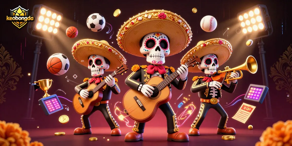 Watch the vibrant keobongda mariachi band surrounded by dynamic sports elements and winning trophies.