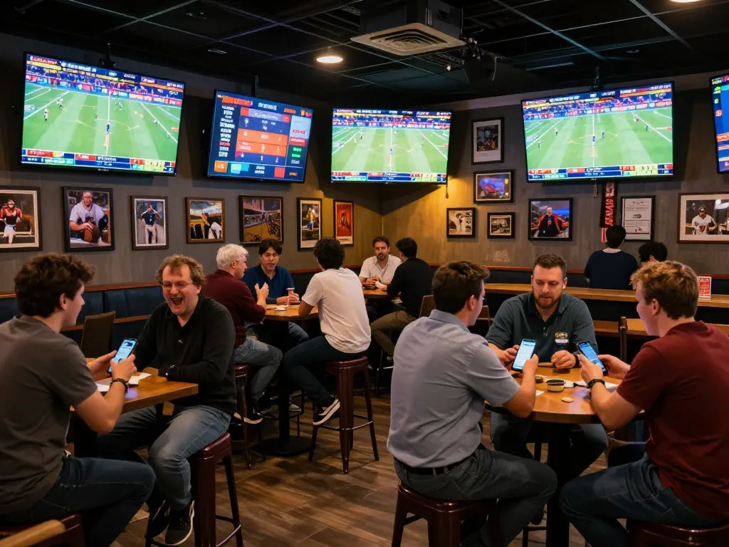 Excited bettors engaging with go8 sports betting app while enjoying a live game in a vibrant sports bar.