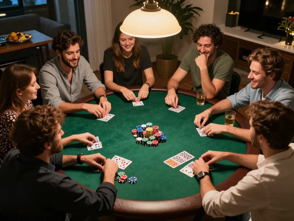 Friends enjoy poker at home while discussing strategies and using the LV88 link for online gameplay.