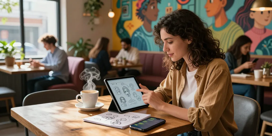 AI girlfriend interaction in a trendy cafe setting with vibrant decor and warm lighting.