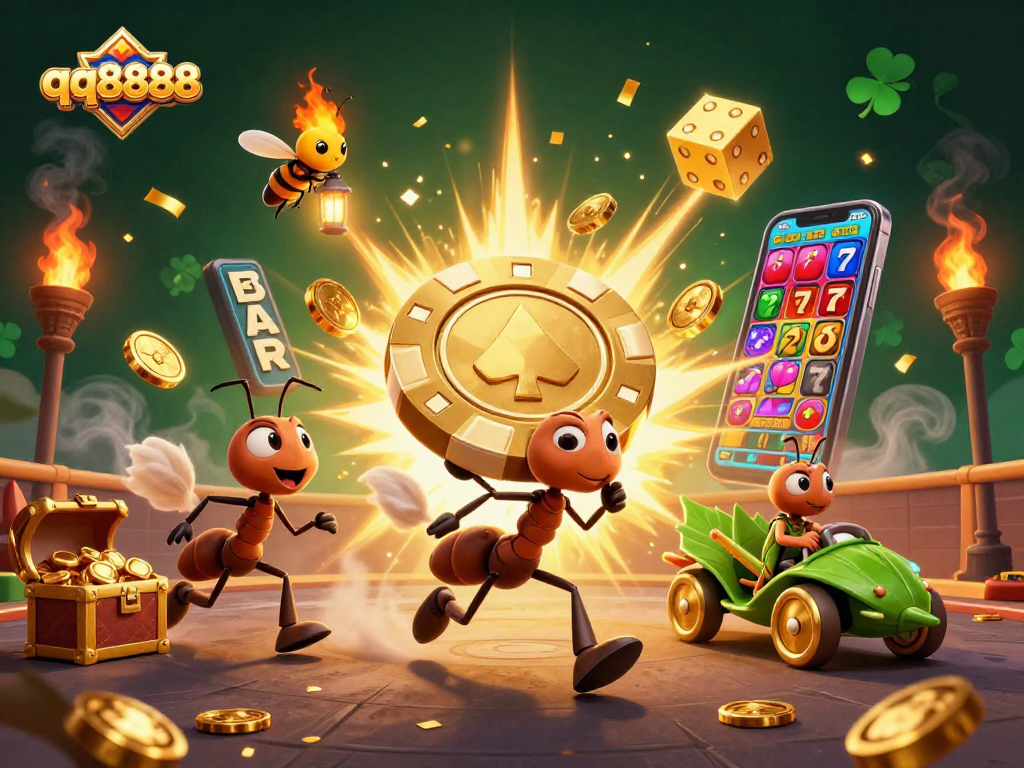 Watch the thrilling qq8888 cockfighting scene come alive with ants carrying a golden chip and a vibrant casino backdrop.