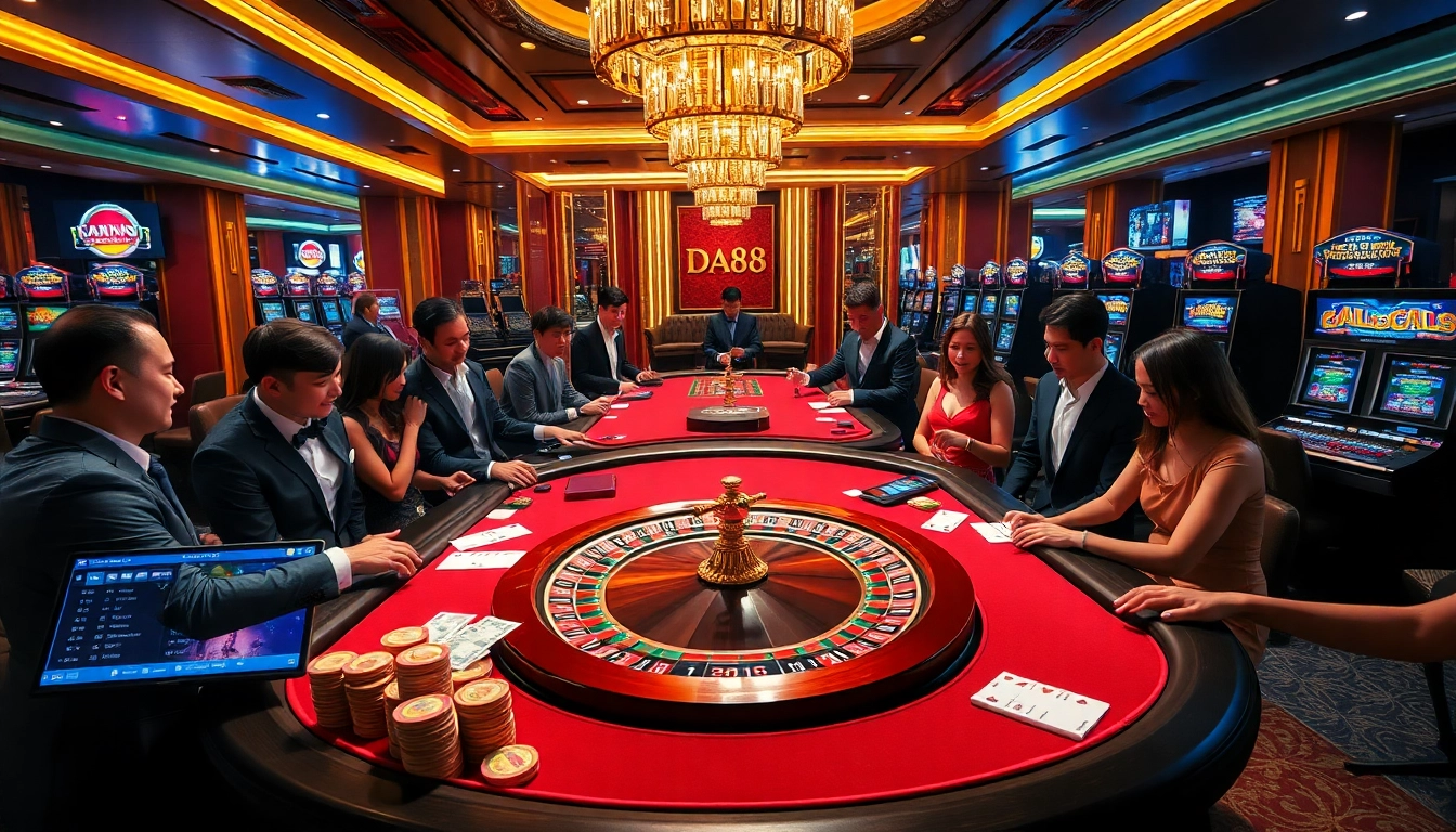 Exciting gaming atmosphere with players at nhà cái da88 roulette and card tables.
