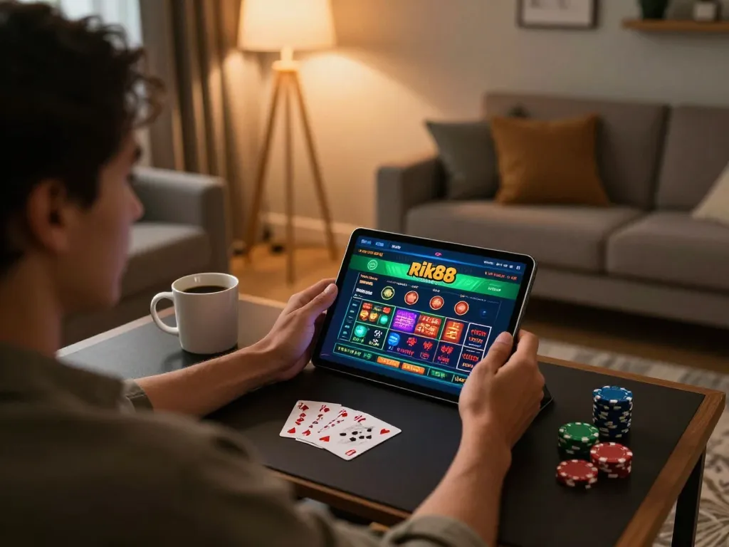 Engaging in online gambling with the rik88 tablet interface in a cozy home setting.