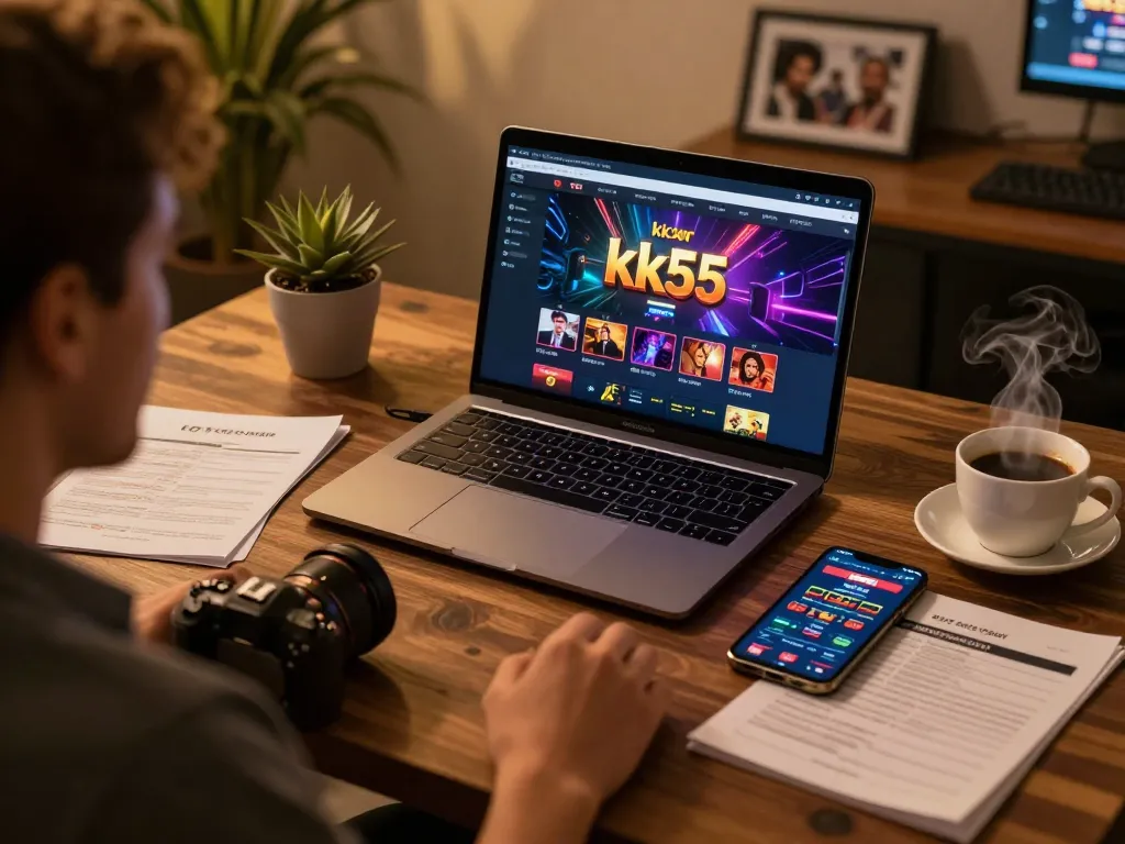 Engaging with the kk55 online casino interface on a cozy home setup.