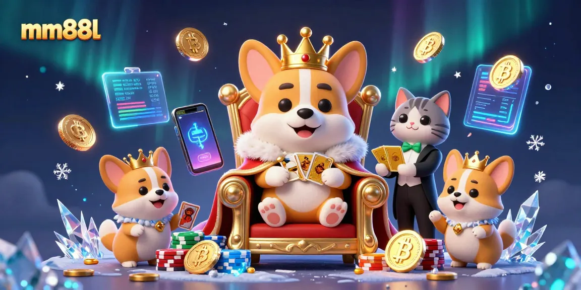 Play engaging games at mm88l with a royal corgi and cat butler amidst crypto elements and vibrant effects.
