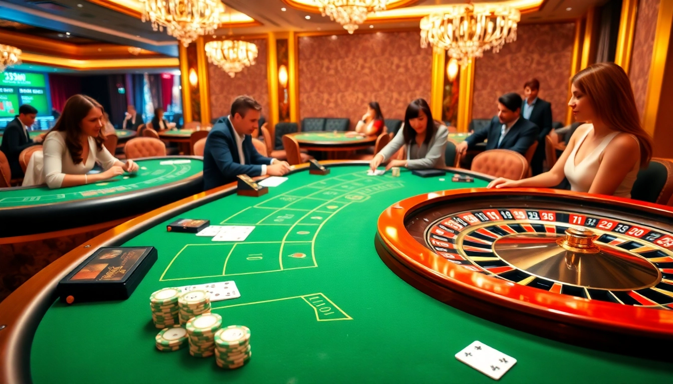 Players enjoying luxury casino games at 33win1 with poker chips and cards, highlighting excitement.