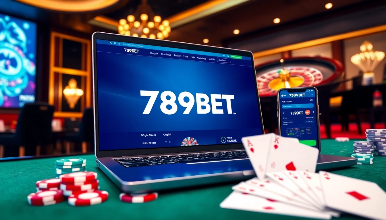 Engaging digital casino scene displaying 789BET online gaming interface with poker chips and cards.