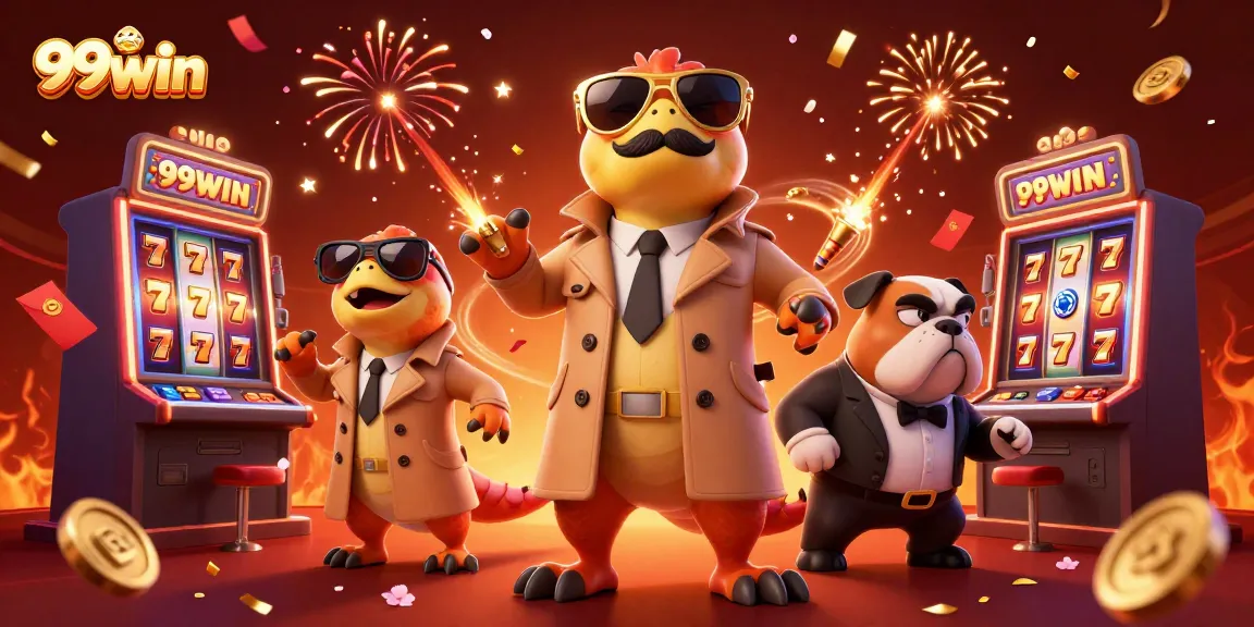 Engage with 99win as raptors in a trench coat comically attempt VIP access at a vibrant casino.