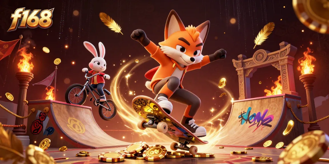 Experience thrilling gameplay at f168 with a skateboarder fox and BMX rabbit in an action-packed casino scene.