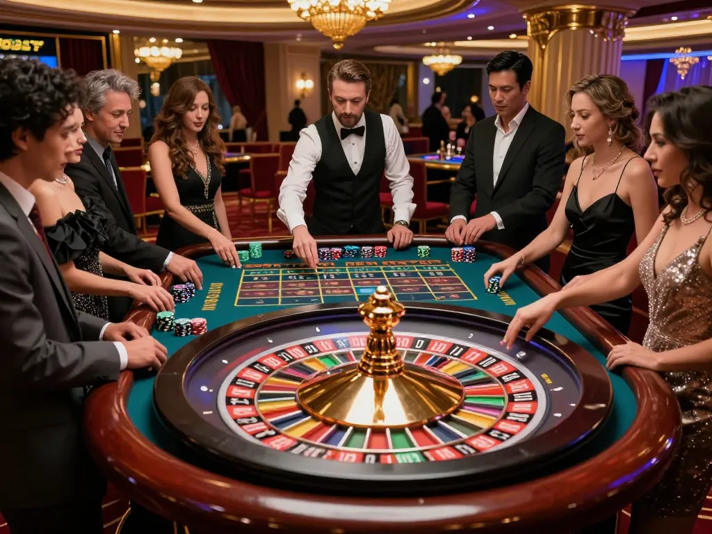 F8BET players engaging in a thrilling roulette game with dynamic betting action in an elegant casino.