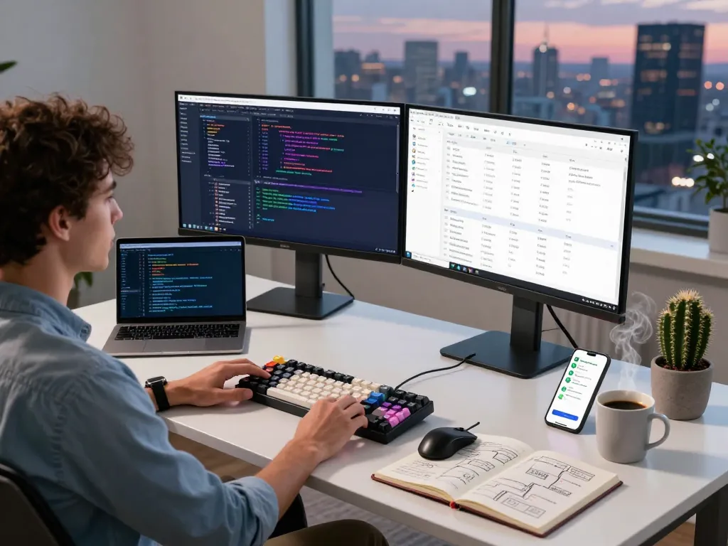 A developer using the molt bot on dual monitors in a modern workspace, surrounded by tech tools and city views, emphasizing productivity.