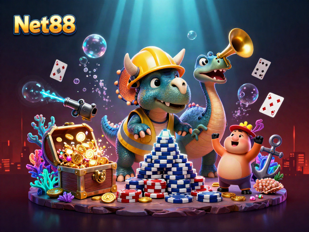 Experience the thrills of Net88 with this vibrant 3D casino illustration featuring unique characters.