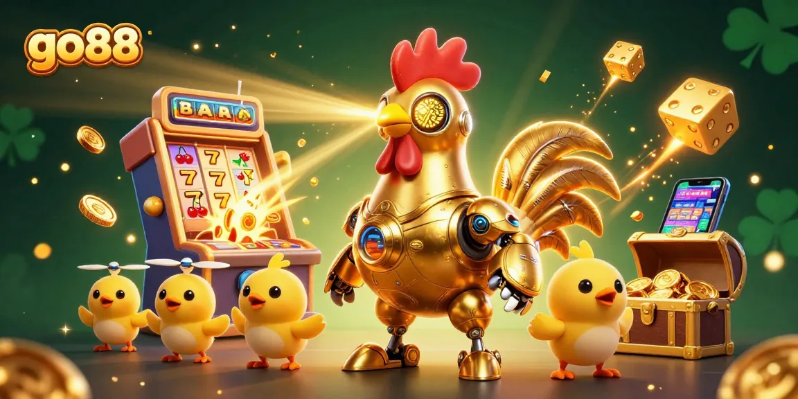 Experience thrilling go88 gameplay with a dynamic casino scene featuring a roaring slot machine and vibrant character action.