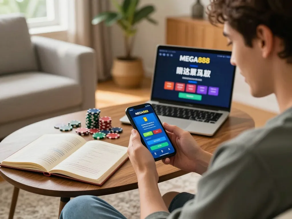 Engaging in strategic gameplay with the MEGA888 app on a smartphone in a cozy home setting.