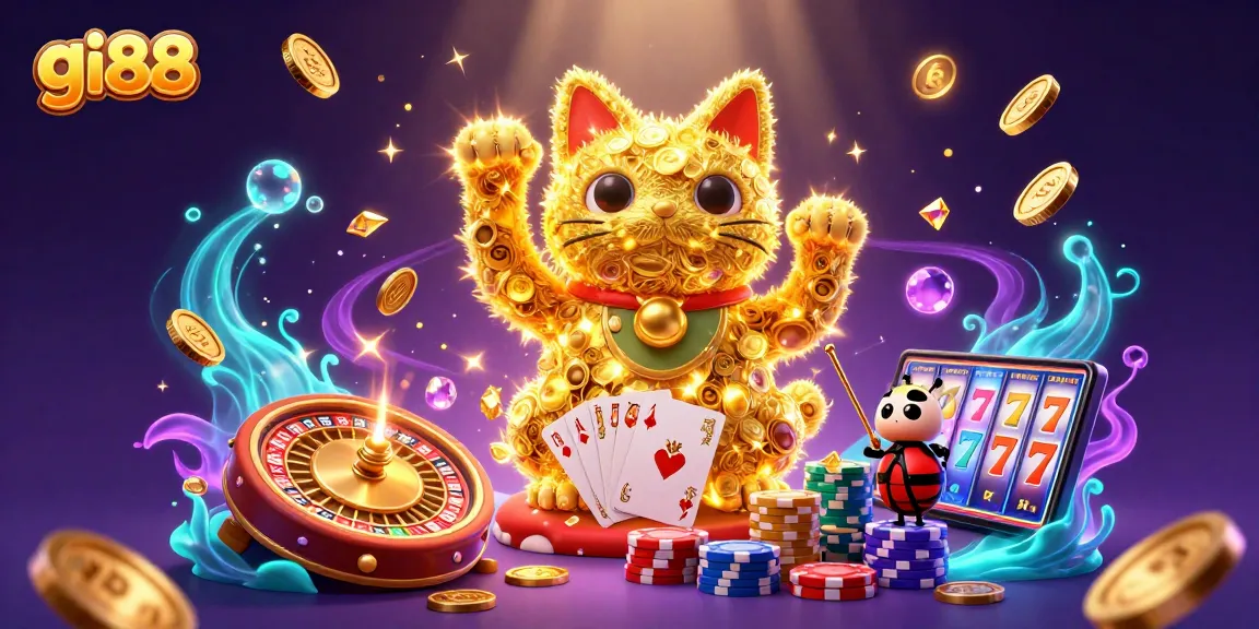 Win exciting prizes with gi88's vibrant 3D casino illustration showcasing a lucky cat and dazzling casino elements.