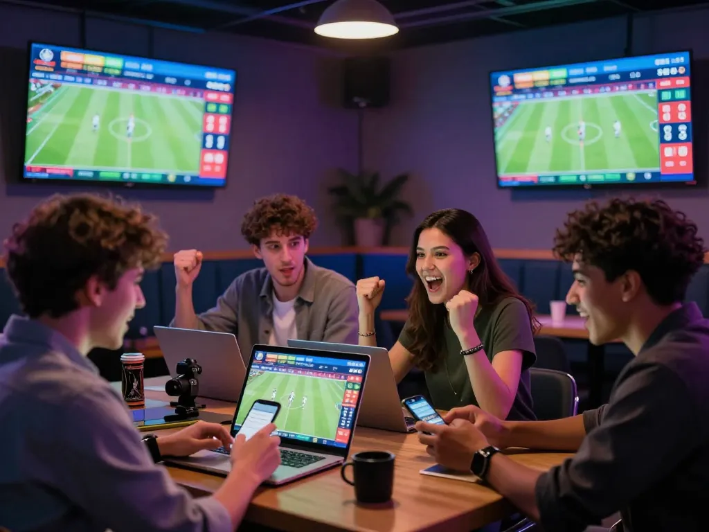 Excited users engaging with Nowgoal sports betting platform in a lively lounge.