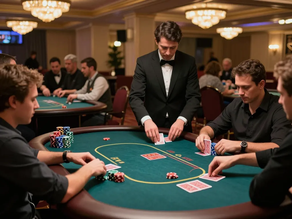 TR88 poker players engaging in a lively game with colorful chips, reflecting excitement in an upscale casino.