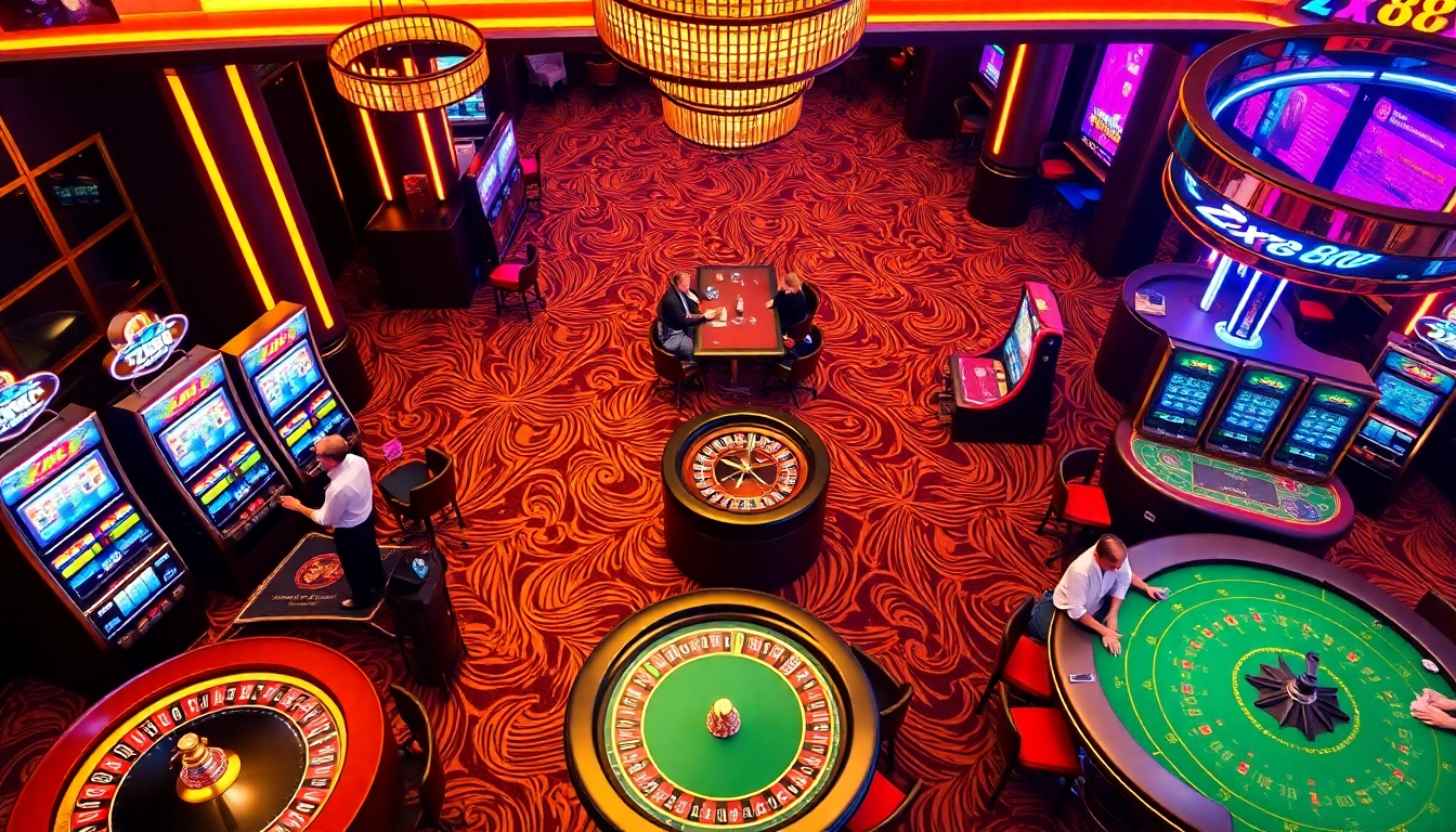 ZX88 players enjoying thrilling tabletop slots with vibrant lights and casino excitement.