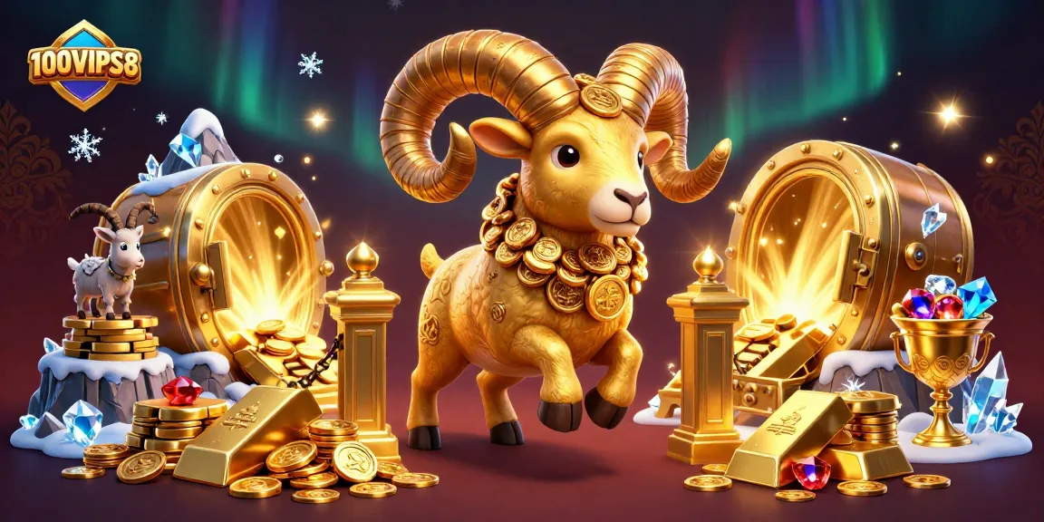 Engage with 100VIPS8 through a vibrant casino scene showing a golden ram and treasure elements.