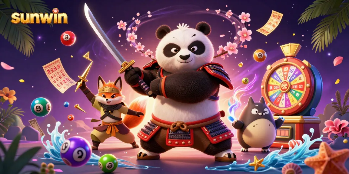 Play to win with sunwin's exciting lottery elements and vibrant characters in this dynamic illustration.