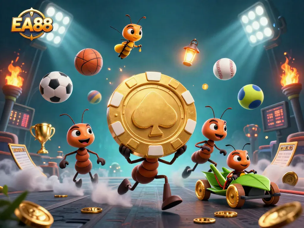 EA88's exciting scene of ants carrying a giant poker chip in a thrilling casino heist atmosphere.