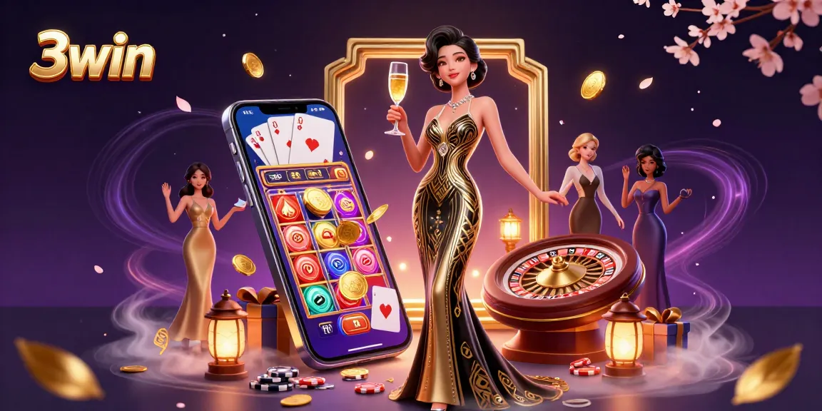 Experience the excitement of 3win casino games with a glamorous Asian woman celebrating wins amidst dynamic slot visuals.