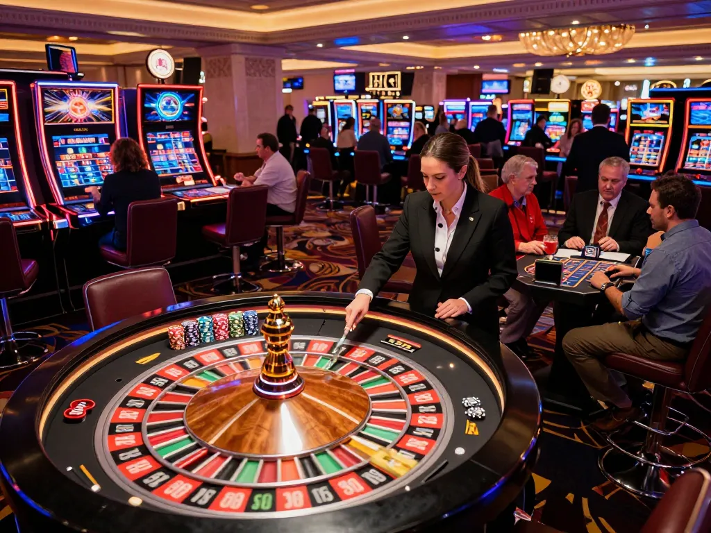 Engaging scene at a roulette table where players place bets and a croupier spins the wheel, capturing the excitement of tr88 gaming