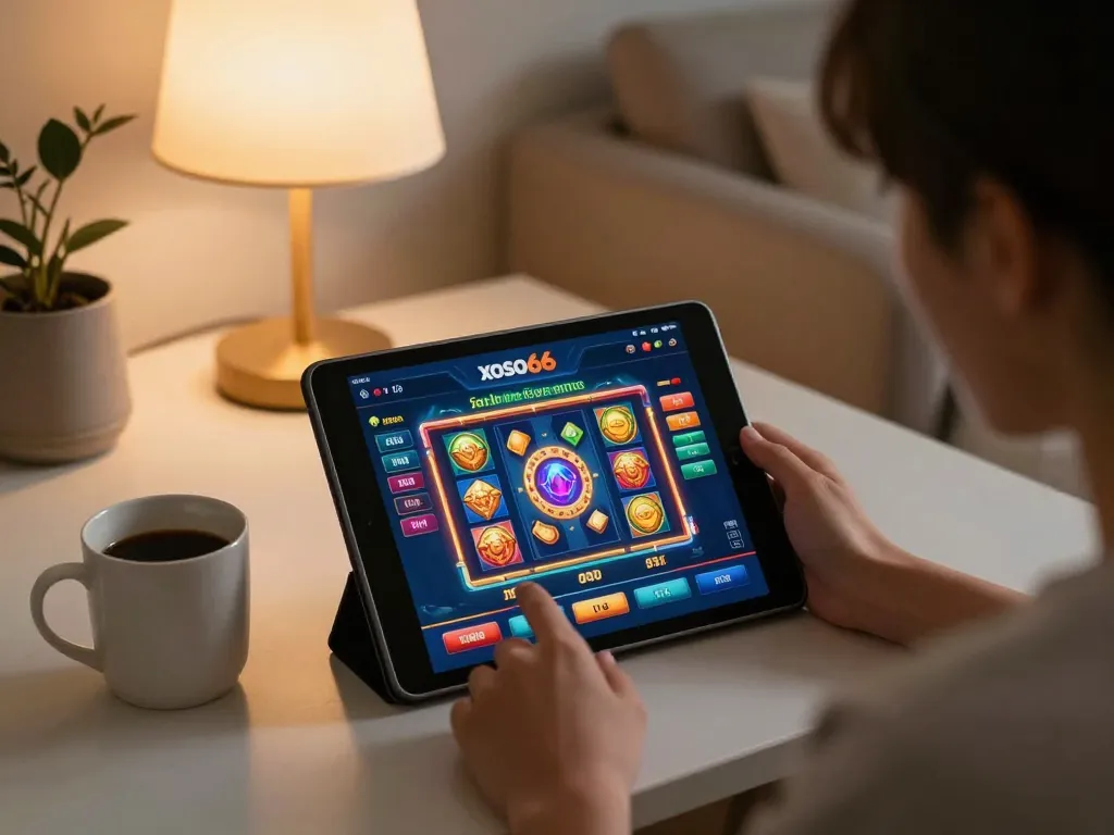 xoso66 gaming on tablet in cozy home setup showcasing exciting casino app.