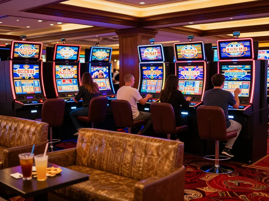Players enjoying the thrill of slots at Sun Win casino, vibrant screens glow in a lively atmosphere.