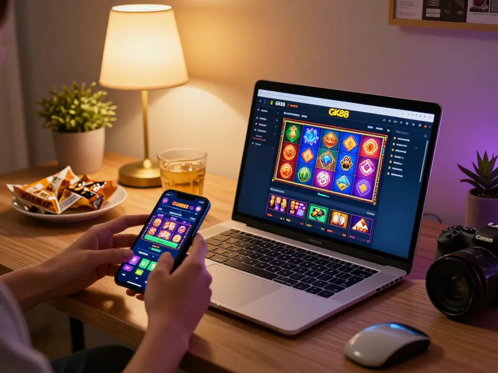 Players engaging with GK88 online casino on laptops and smartphones, showcasing vibrant slot games.