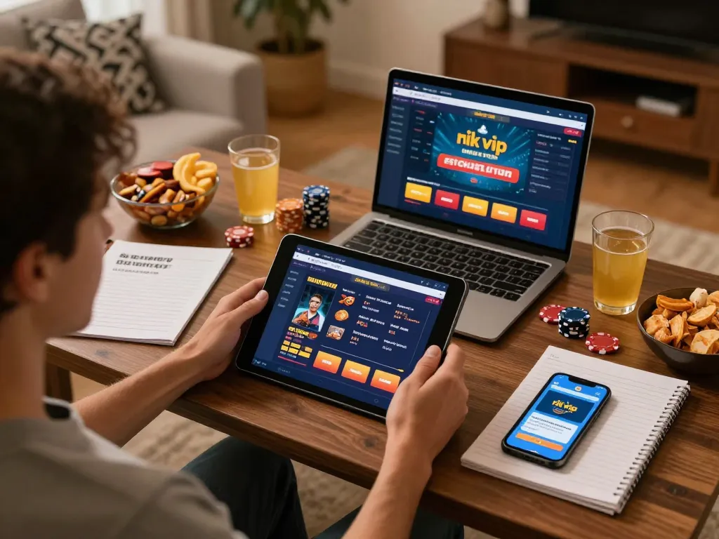 Engaged player exploring rik vip online gaming interface on a tablet in a cozy home setting.