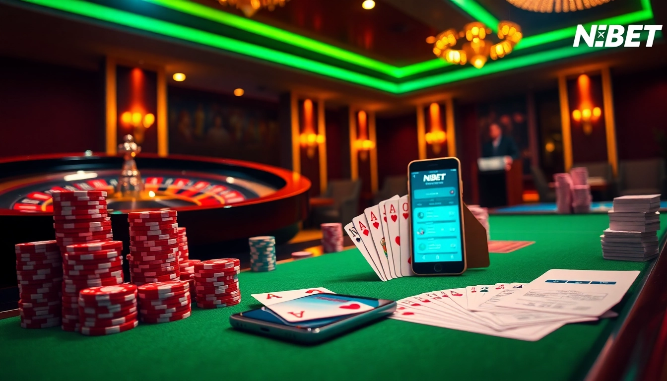Exciting gaming scene with Nhà Cái NBET branding, showcasing roulette and poker.