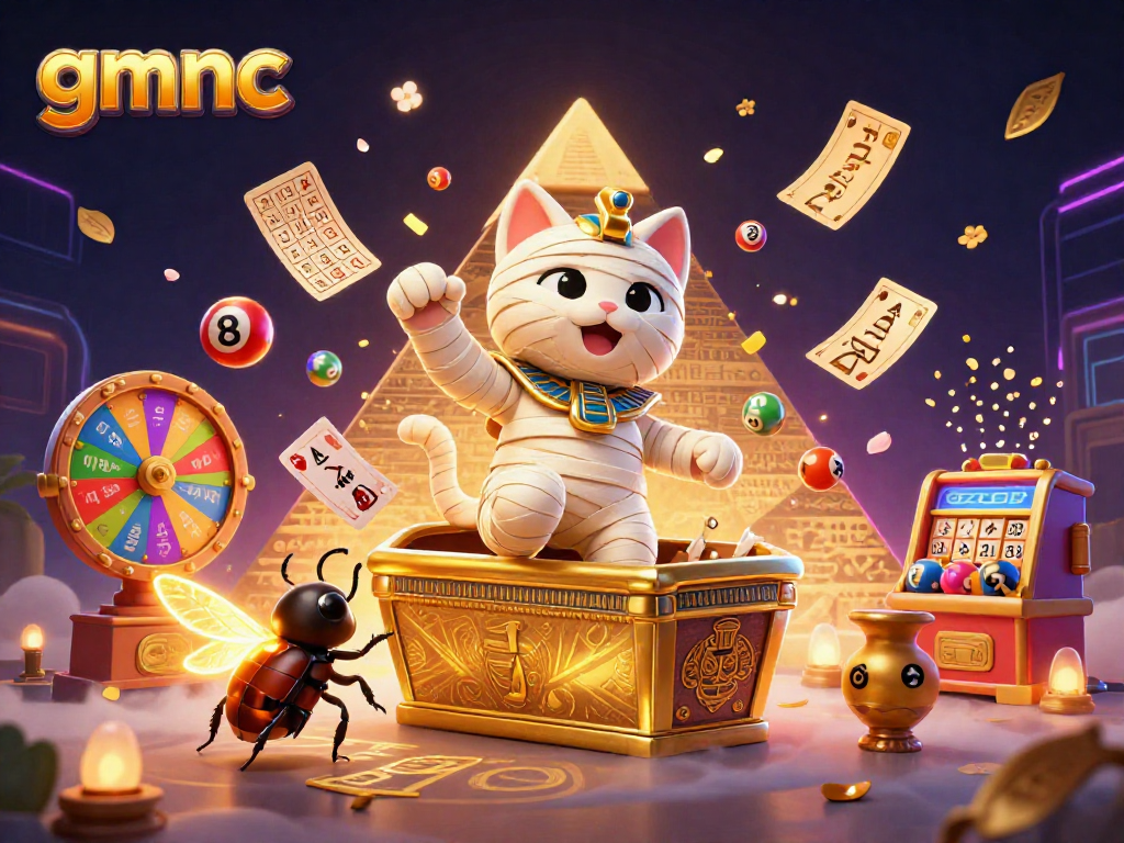 Experience excitement with gmnc as the Egyptian mummy cat awakens amidst vibrant casino elements.